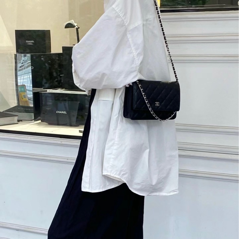 「M.Y精品」 Chanel 小香 WOC 鏈袋包 荔枝牛皮 黑銀-6