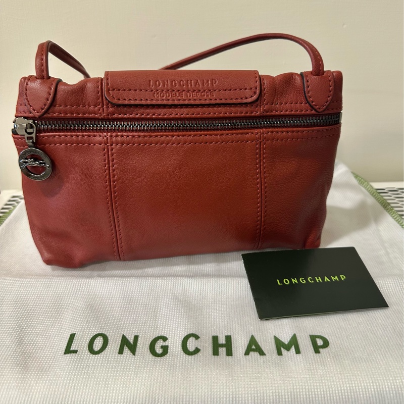 LONGCHAMP Le Pliage Cuir 小羊皮灰釦斜背包(紅磚色/朱紅色）-1