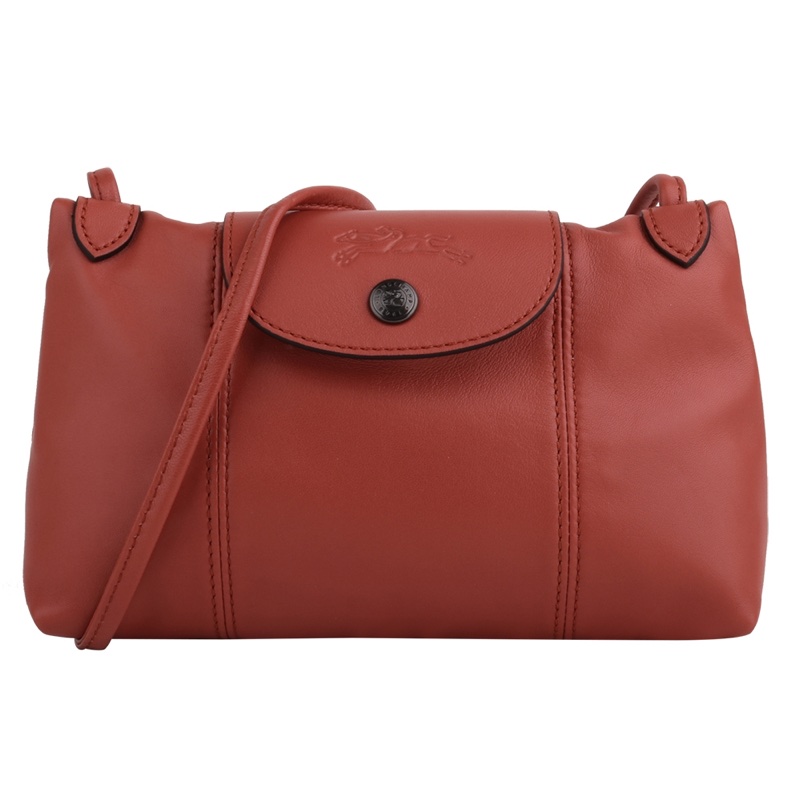 LONGCHAMP Le Pliage Cuir 小羊皮灰釦斜背包(紅磚色/朱紅色）-3