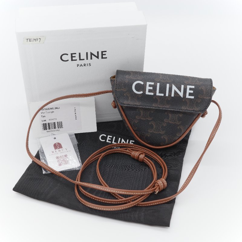 Celine 思琳 凱旋門老花 復古色 帆布 迷你三角斜背包-0