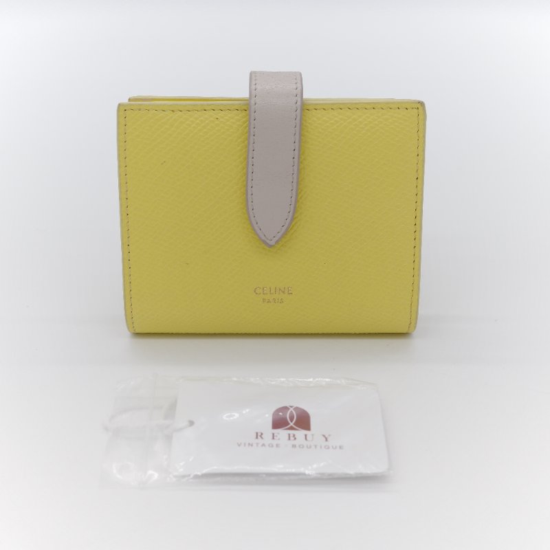 Celine 思琳 黃色 米色 粒紋小牛皮 小號雙折帶扣短夾-0