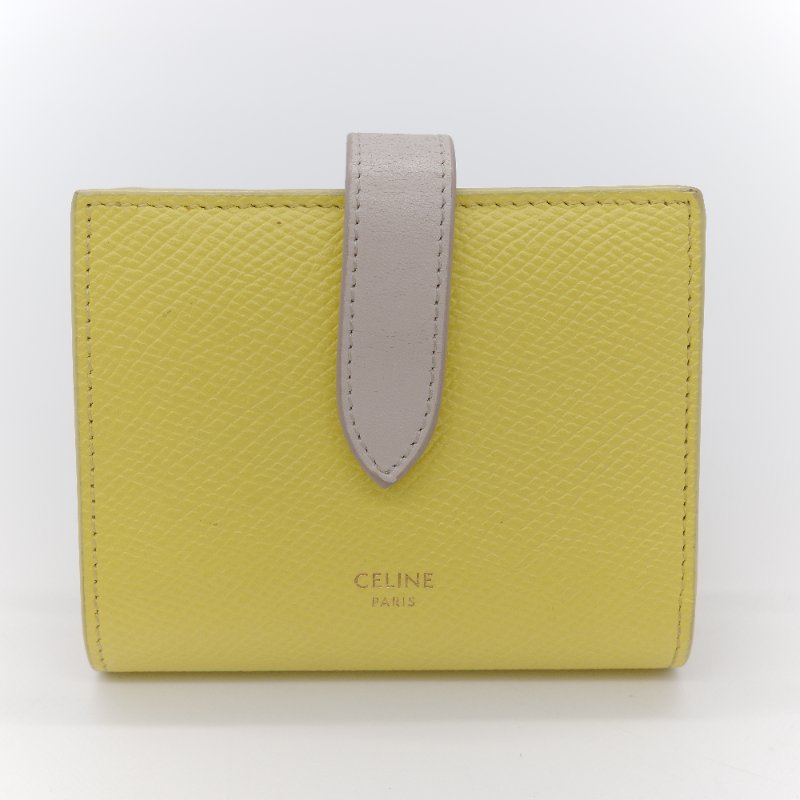 Celine 思琳 黃色 米色 粒紋小牛皮 小號雙折帶扣短夾-1