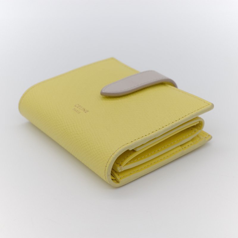 Celine 思琳 黃色 米色 粒紋小牛皮 小號雙折帶扣短夾-3