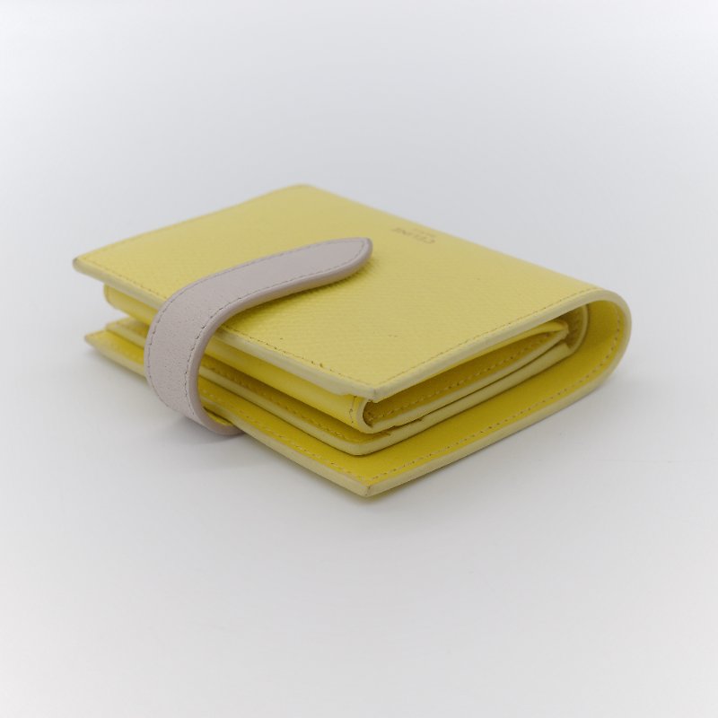 Celine 思琳 黃色 米色 粒紋小牛皮 小號雙折帶扣短夾-4