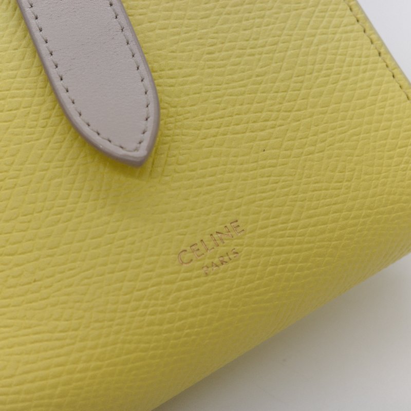 Celine 思琳 黃色 米色 粒紋小牛皮 小號雙折帶扣短夾-6