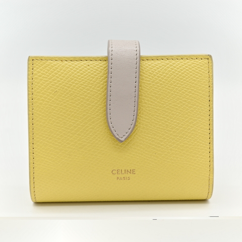 Celine 思琳 檸檬黃 米色 粒紋小牛皮 小號雙折帶扣短夾
