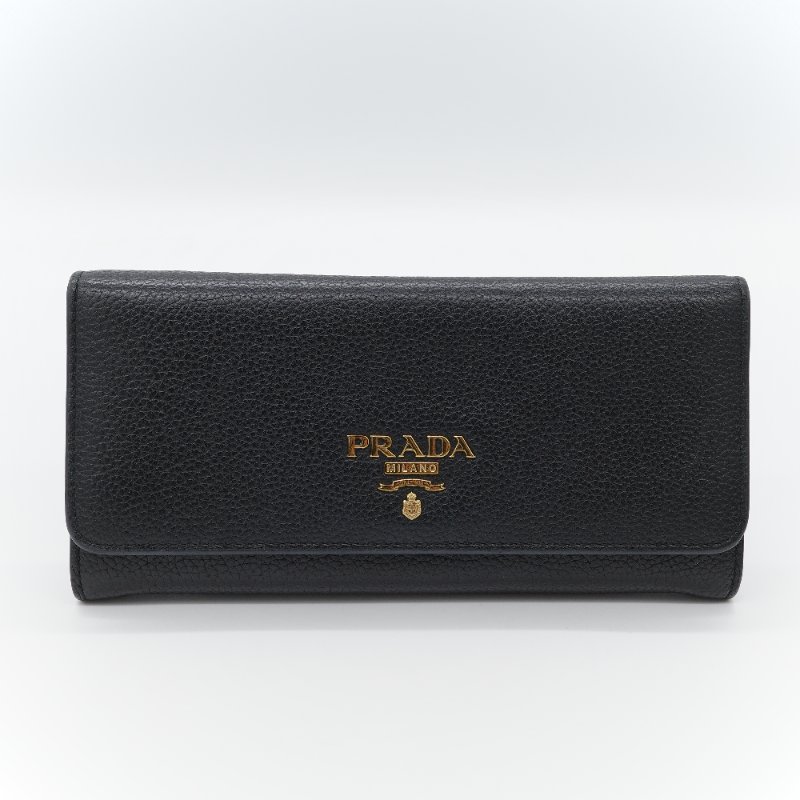 Prada普拉達 經典荔枝紋 黑色 牛皮 長款翻蓋 錢包 長夾-1