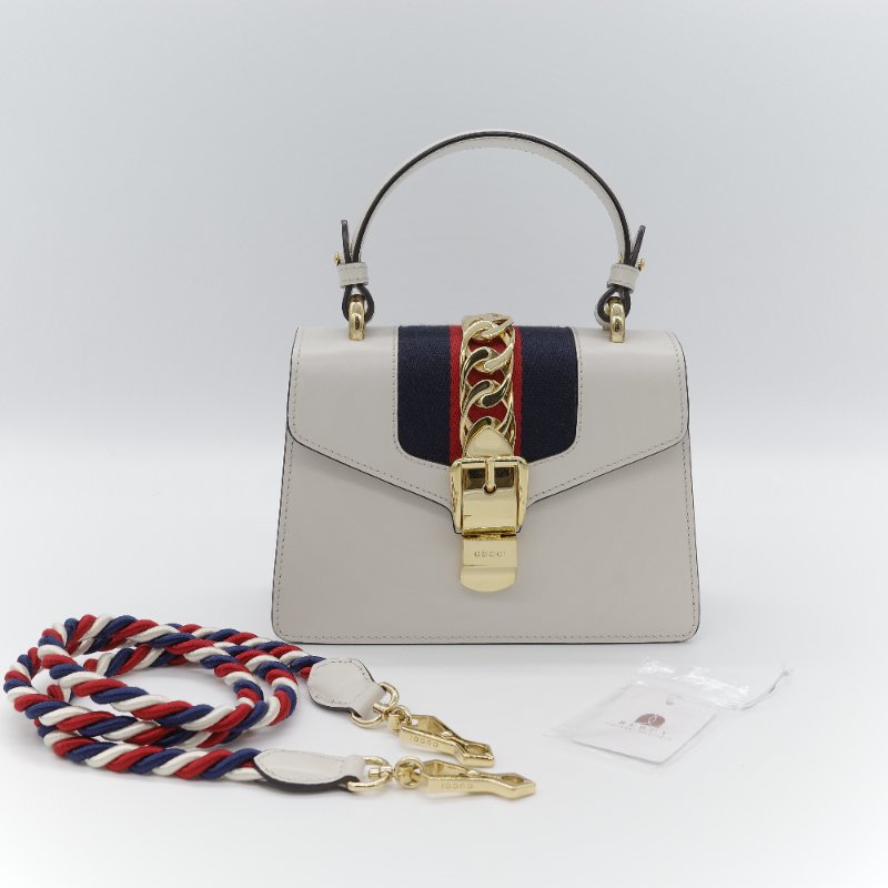 Gucci 古馳  Sylvie 白色 牛皮 織帶背帶 金釦 迷你手提包-0