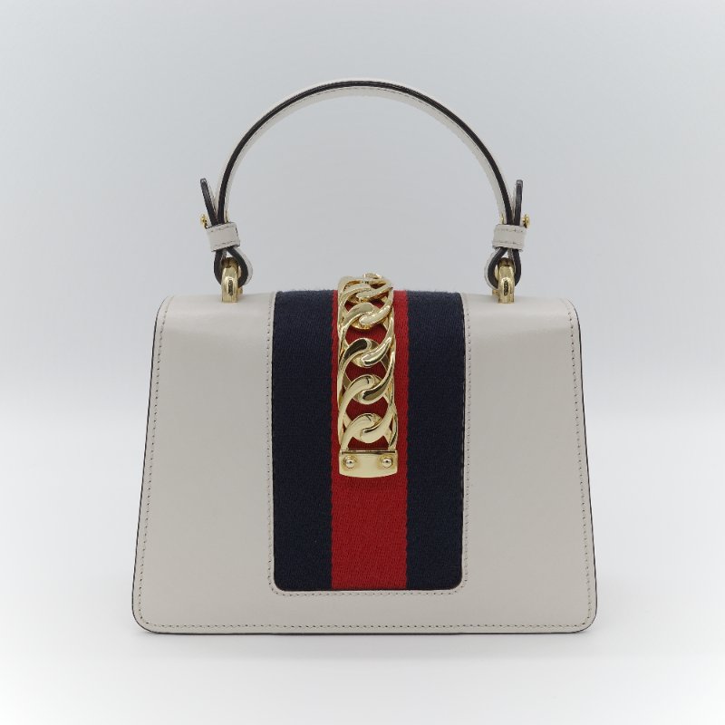 Gucci 古馳  Sylvie 白色 牛皮 織帶背帶 金釦 迷你手提包-3