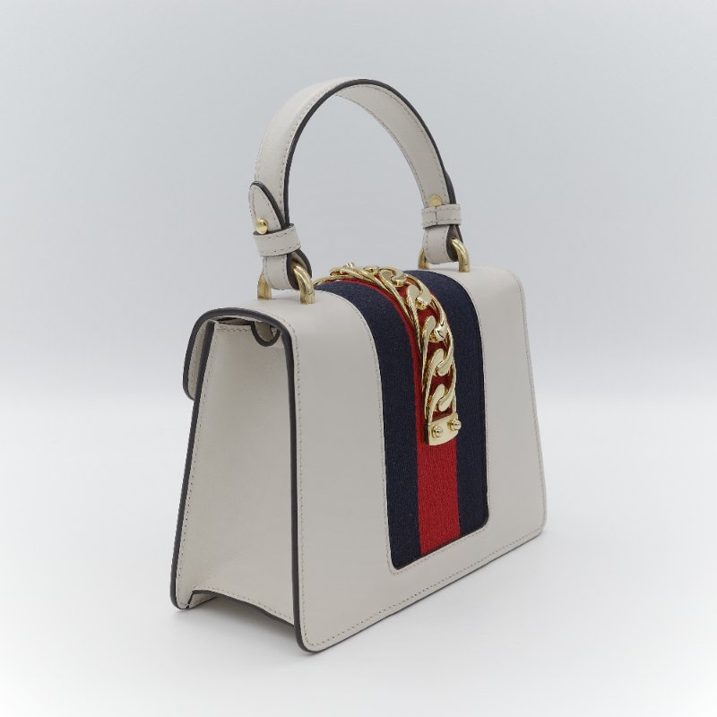 Gucci 古馳  Sylvie 白色 牛皮 織帶背帶 金釦 迷你手提包-4