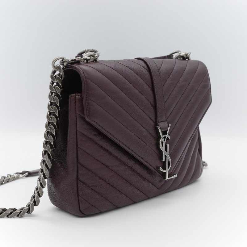 Saint Laurent 聖羅蘭 College學院包 酒紅色山形紋 牛皮 中號翻蓋肩背包-1