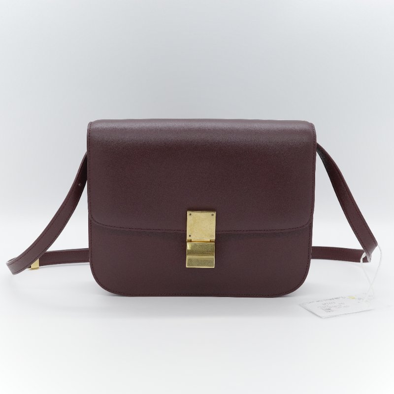 Celine 思琳 Classic Box 中號 酒紅色拋光 小牛皮 翻蓋包 肩背包-0