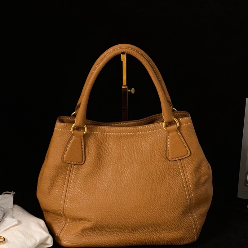 Prada普拉達 焦糖色 南瓜色全皮托特包-1