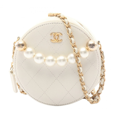 香奈兒 (CHANEL) Matelasse 圓形迷你肩背包 AP0999 羊皮 白色 二手 金色五金 CC