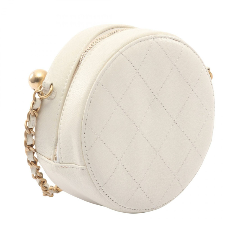 香奈兒 (CHANEL) Matelasse 圓形迷你肩背包 AP0999 羊皮 白色 二手 金色五金 CC-1