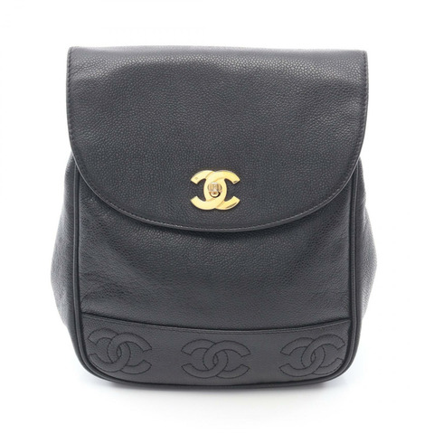 香奈兒 (CHANEL) 三重 COCO 標誌雙肩包，粒面小牛皮，黑色，二手，金色五金 CC