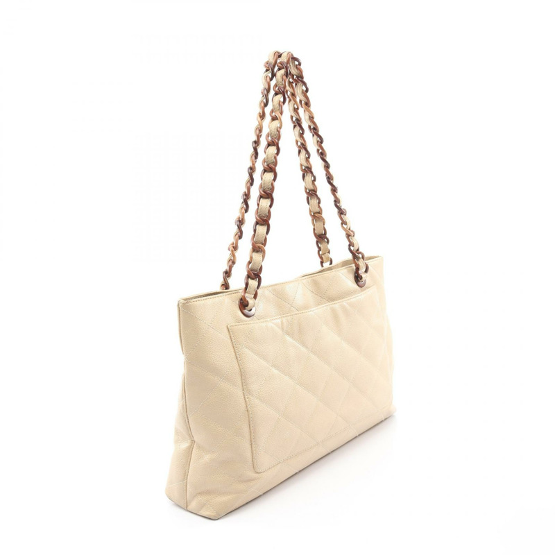 香奈兒 (CHANEL) 絎縫手提鏈條肩背包，小牛皮材質，米色，二手，金色五金，女士款-1