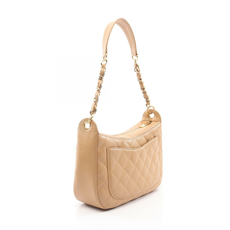 香奈兒 COCO 標誌單背包，小牛皮材質，米色，二手，女士款，金色五金 CC-1