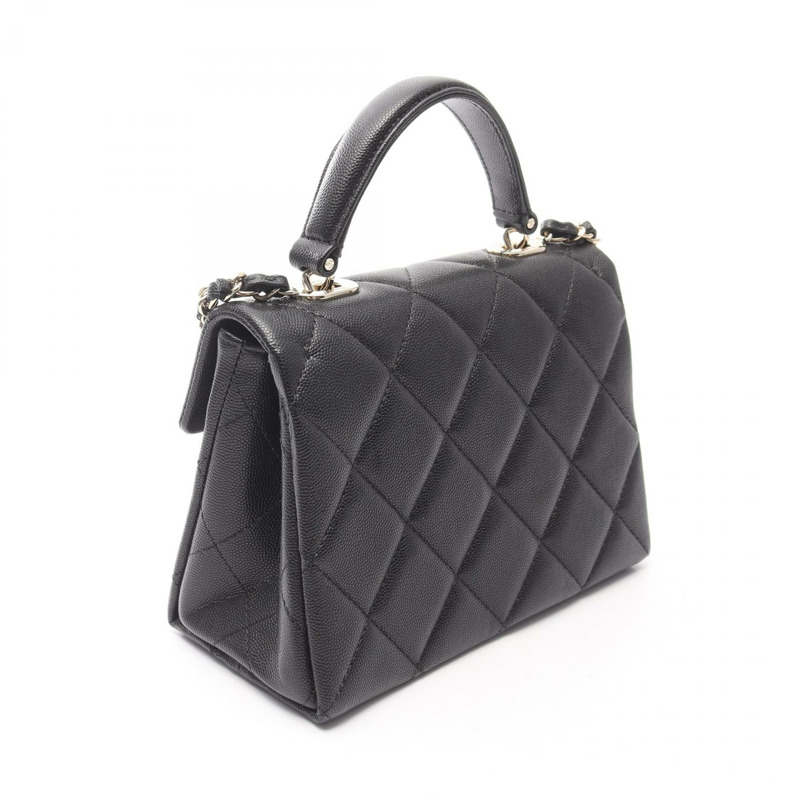 香奈兒 (CHANEL) Matelasse 頂部手柄鏈條斜挎單肩包，黑色皮革，二手-1