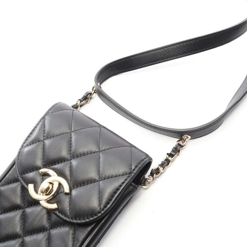 香奈兒 (CHANEL) 絎縫手機包肩斜背包 AP2164 羊皮黑色金色五金-9