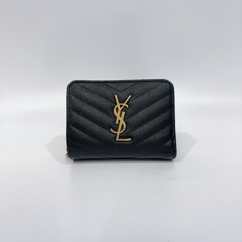 YSL黑金荔枝牛皮山形紋拉鍊對開短夾