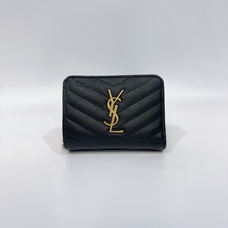 YSL黑金荔枝牛皮山形紋拉鍊對開短夾-0