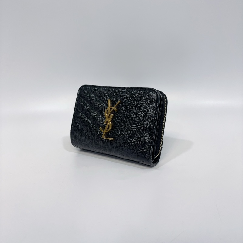 YSL黑金荔枝牛皮山形紋拉鍊對開短夾-1