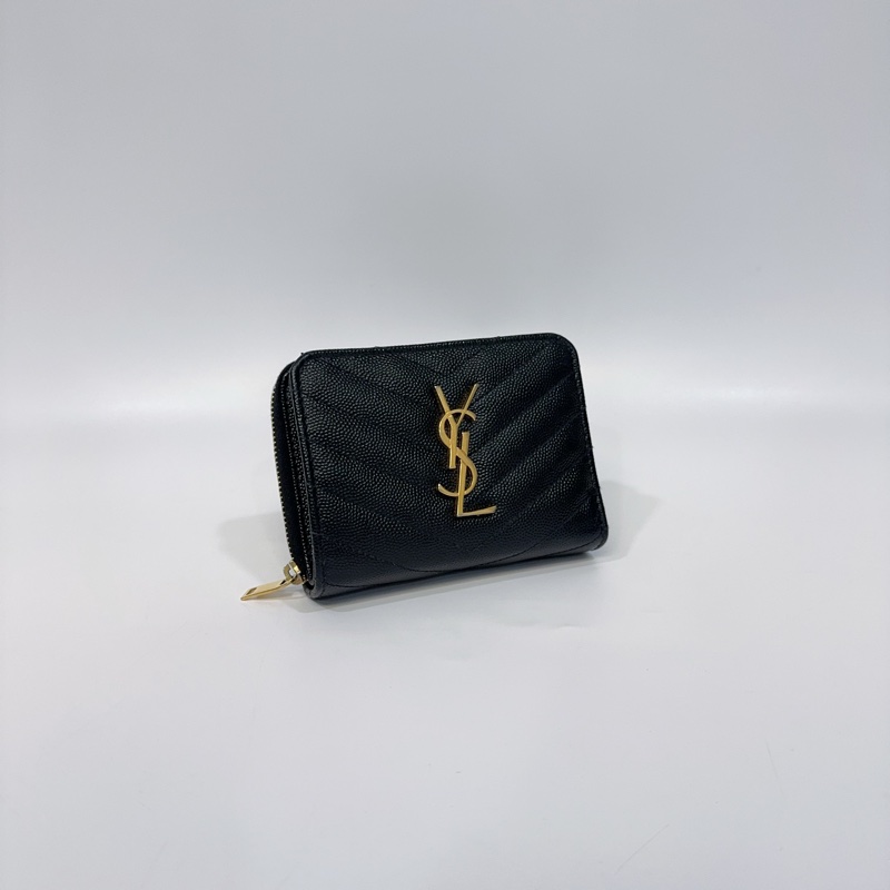 YSL黑金荔枝牛皮山形紋拉鍊對開短夾-2