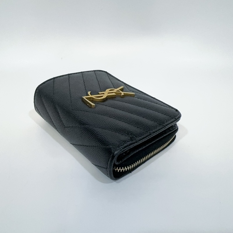 YSL黑金荔枝牛皮山形紋拉鍊對開短夾-5