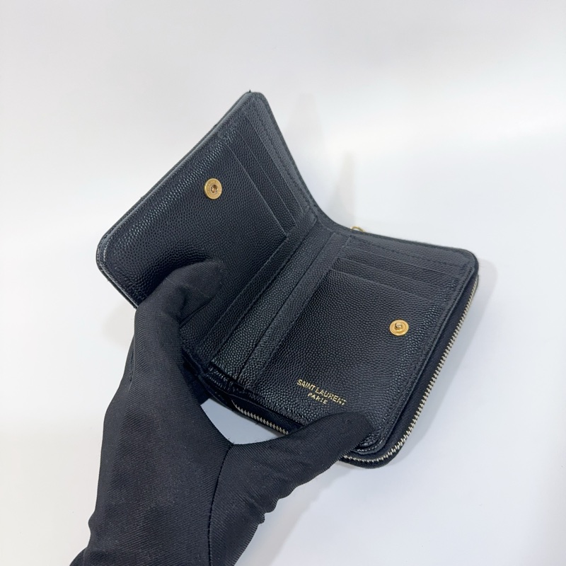 YSL黑金荔枝牛皮山形紋拉鍊對開短夾-8