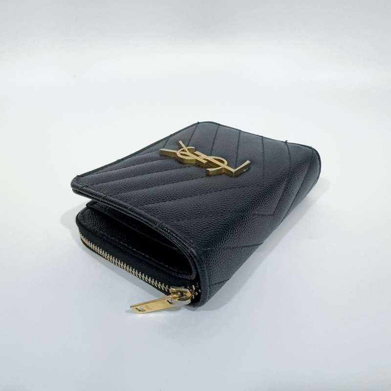 YSL黑金荔枝牛皮山形紋拉鍊對開短夾-12
