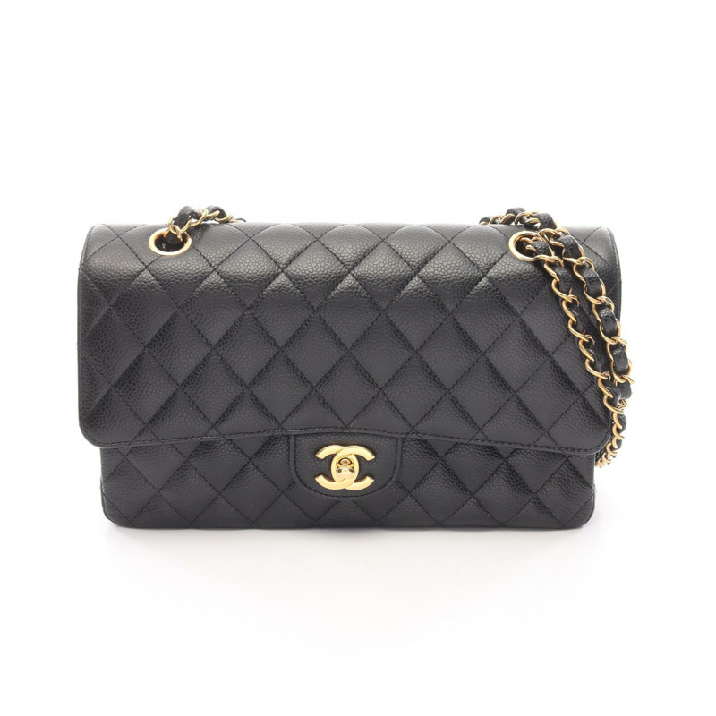 香奈兒 (CHANEL) Matelasse W 翻蓋肩背包，粒面小牛皮，黑色，二手，女士，金色五金-0