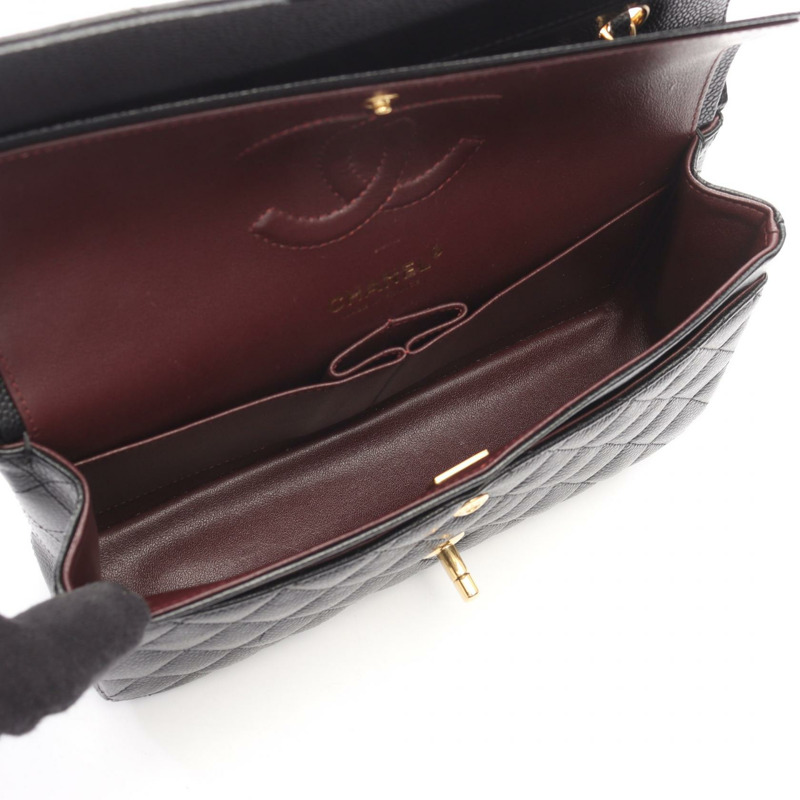 香奈兒 (CHANEL) Matelasse W 翻蓋肩背包，粒面小牛皮，黑色，二手，女士，金色五金-2