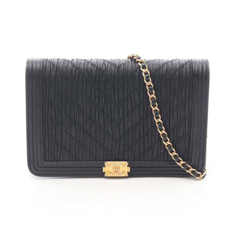 香奈兒 Boy Chanel 鏈條斜背包 黑色真皮 二手 女士 WOC GHW-0