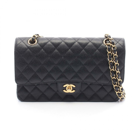 香奈兒 (CHANEL) Matelasse W 翻蓋肩背包 A01112 粒面小牛皮 黑色 二手 金色五金