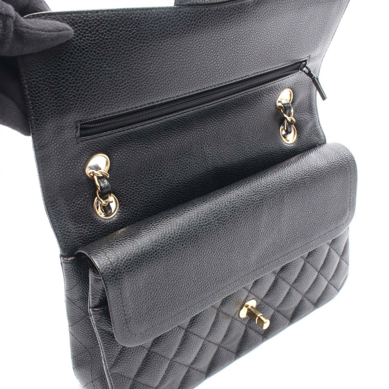 香奈兒 (CHANEL) Matelasse W 翻蓋肩背包 A01112 粒面小牛皮 黑色 二手 金色五金-6