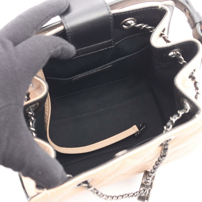 香奈兒 CC 水桶絎縫單肩手提包 皮革 米色 黑色 二手 女士 CC-2