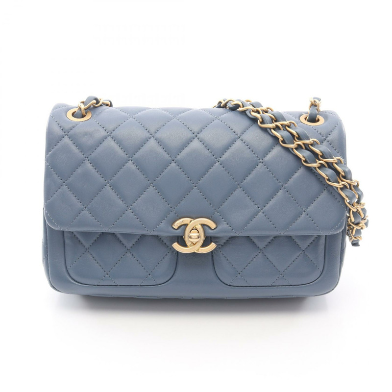 香奈兒 (CHANEL) 絎縫鏈條肩背包，羊皮材質，藍色，二手，女士，金色五金-0