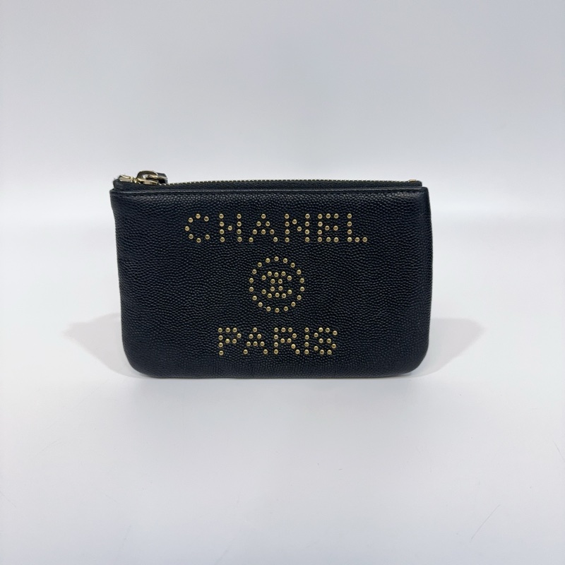 Chanel 黑色金釦荔枝牛皮一次拉鍊零錢包AP0793-0