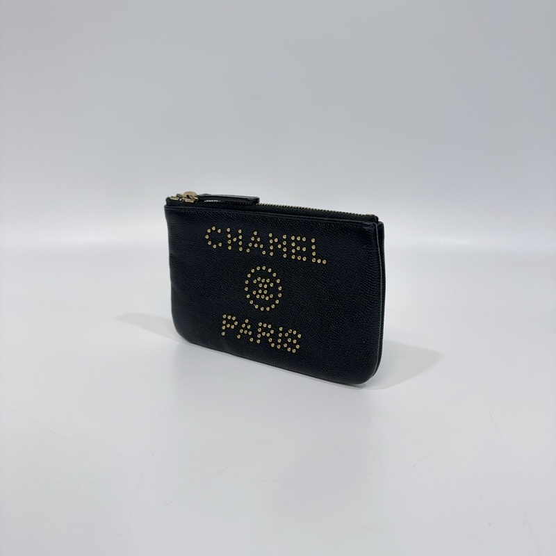 Chanel 黑色金釦荔枝牛皮一次拉鍊零錢包AP0793-1