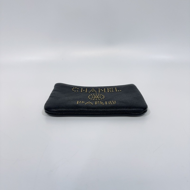 Chanel 黑色金釦荔枝牛皮一次拉鍊零錢包AP0793-4