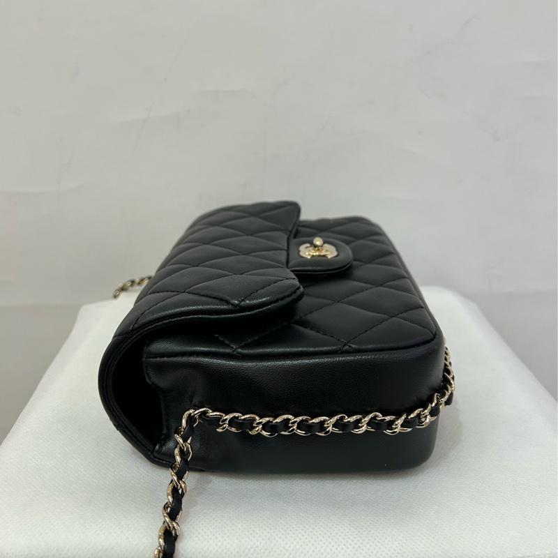 Chanel黑羊皮淡金圈鍊珍珠款20cm-3