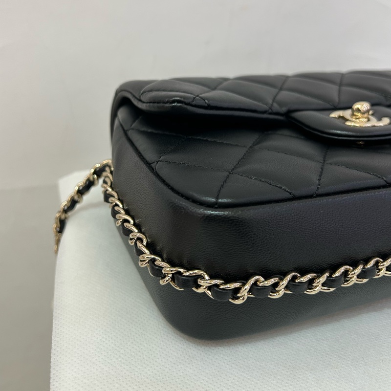 Chanel黑羊皮淡金圈鍊珍珠款20cm-4