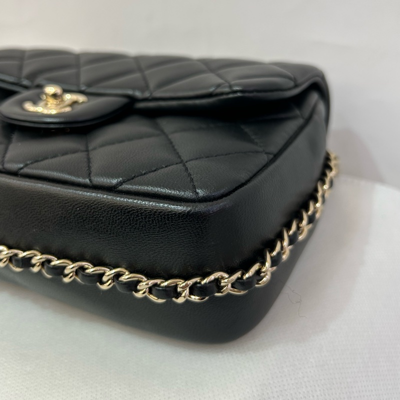 Chanel黑羊皮淡金圈鍊珍珠款20cm-5
