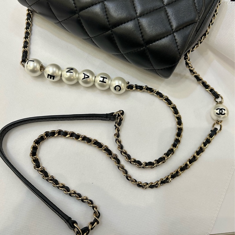 Chanel黑羊皮淡金圈鍊珍珠款20cm-6