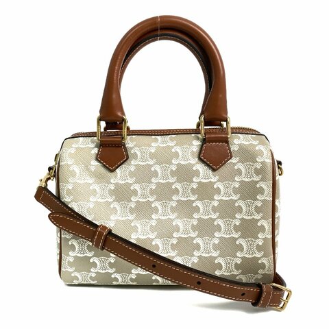 △ Celine 思琳 Grey And Brown Coated Canvas Small Boston 2 Way Bag 灰色和啡色塗層帆布兩用袋 - 257028651