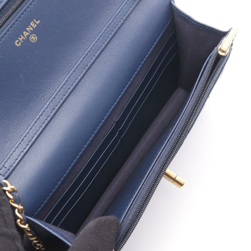 香奈兒 (CHANEL) 絎縫鏈條單肩包，羊皮材質，藍色，二手，女士款，金色五金-2