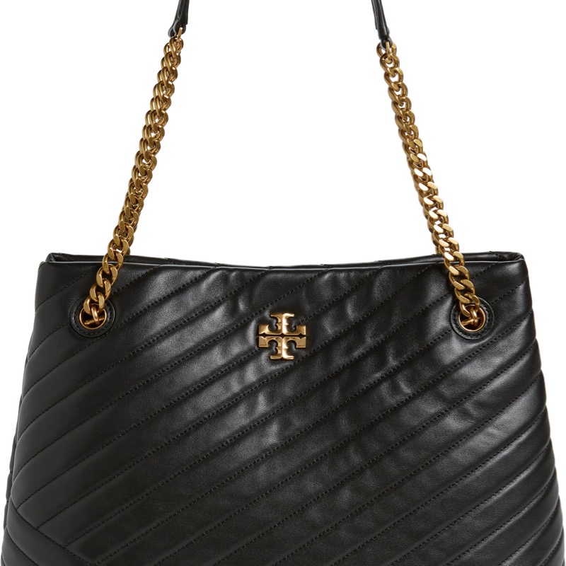 全新 Tory Burch Kira Chevron Tote 小香風經典黑色皮革肩背手提托特包 鏈條背帶-2