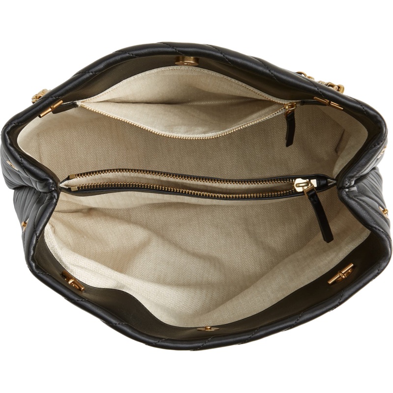 全新 Tory Burch Kira Chevron Tote 小香風經典黑色皮革肩背手提托特包 鏈條背帶-3