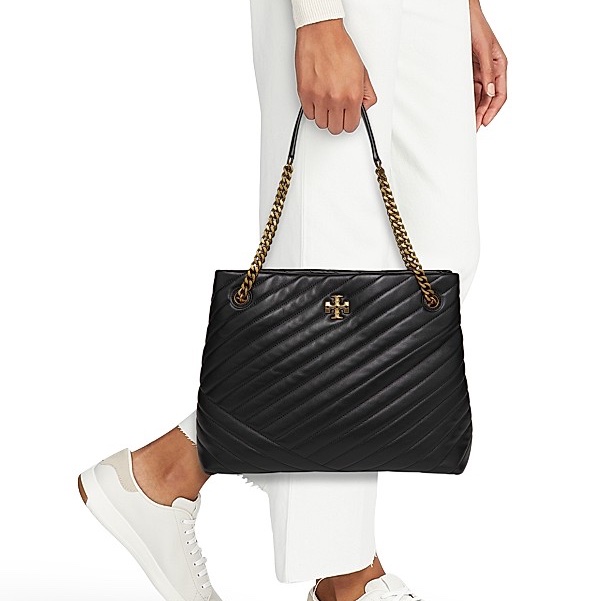 全新 Tory Burch Kira Chevron Tote 小香風經典黑色皮革肩背手提托特包 鏈條背帶-4
